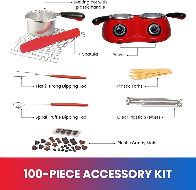 Total Chef Double Pot Chocolate Melter - Electric Candy Melting Hot Fondue Pot With 100+ Accessories, Serving 2 cup Dark & White Melted Chocolate For Dipping Party Desserts, 17.6 oz (500 g) Capacity