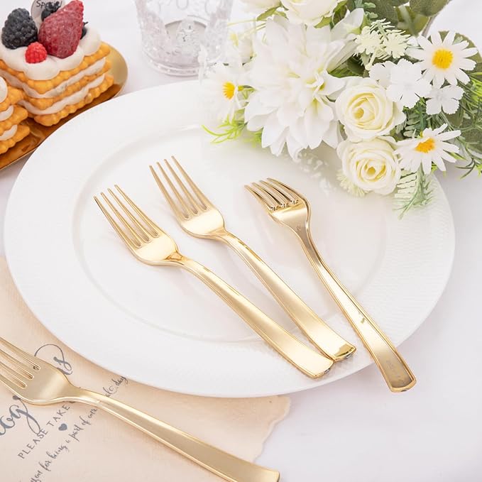 Liacere 360Pcs Plastic Forks - Heavyweight Forks - 7 Inch Heavy Duty Gold Disposable Forks- Gold Plastic Silverwar Perfect For Parties & Weddings & Thanksgiving & Restaurants And Daily Using