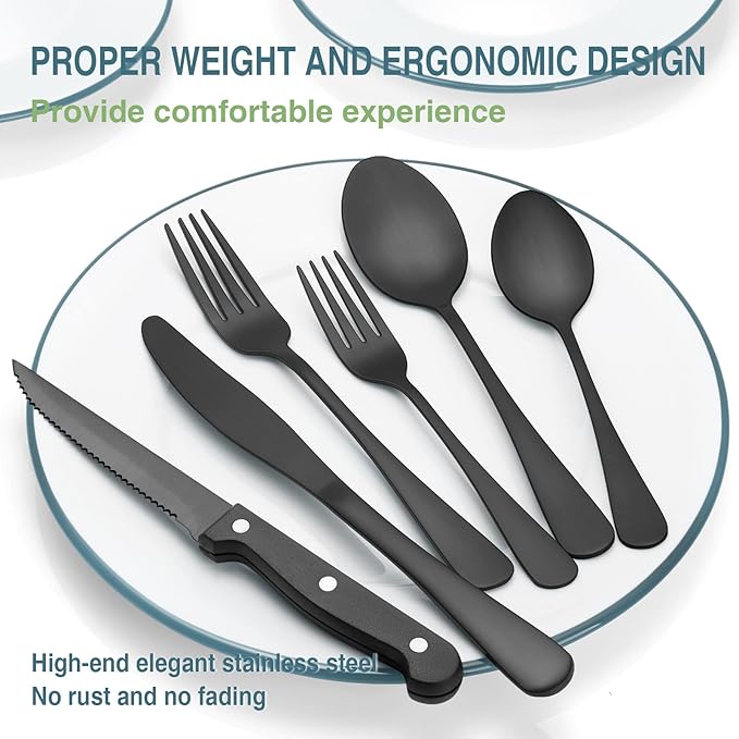 Black Silverware Set, Umite Chef 49-Piece Flatware Set with Drawer Organizer, Durable Stainless Steel Cutlery Set for 8, Tableware Eating Utensils with Steak Knives for Home Restaurant