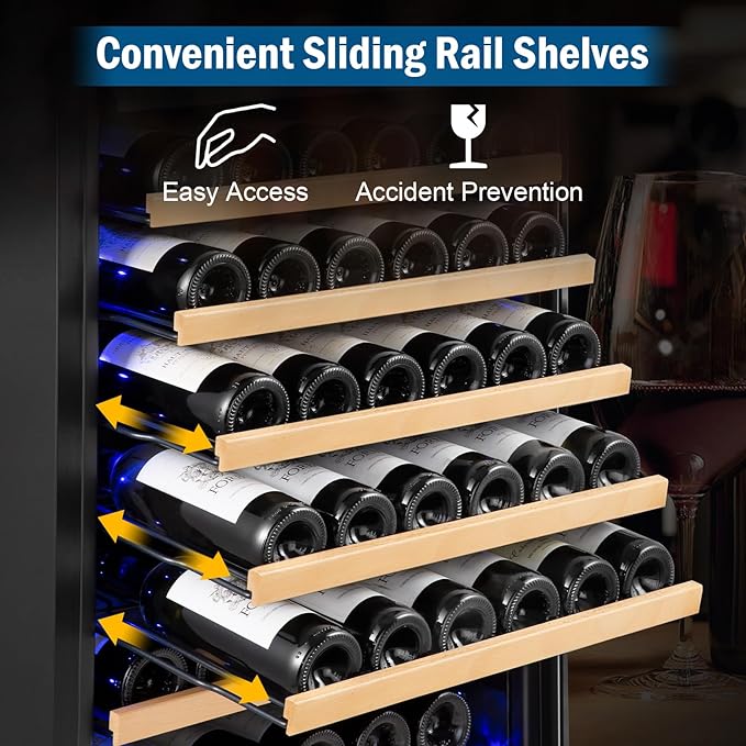 Wine Fridge 24 Inch, 190 Bottles Freestanding or Built-in Wine Cooler Refrigerator with Sliding Rail Shelves, Professional Wine Cellar Low Noise with Upgraded Reversible Door