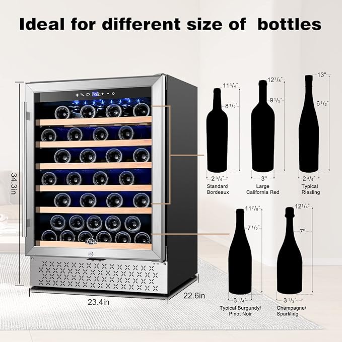 Tylza 24 Inch Wine Fridge, 54 Bottles Wine Refrigerator, Under Counter or Freestanding, 40-65°F, Lock, Double Layer Tempered Glass Door, Wine Cooler Refrigerator with Adjustable Wooden Shelves
