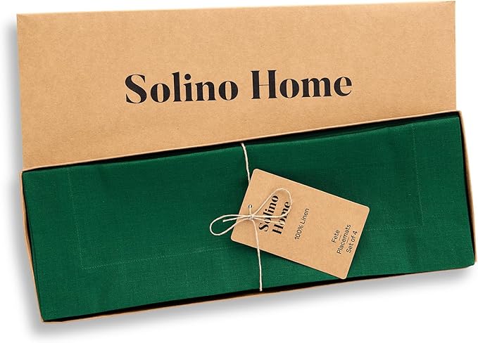 Solino Home Linen Placemats Set of 4 - Green Placemats 14 x 19 Inch - 100% Pure Linen Table Place Mats - Fete