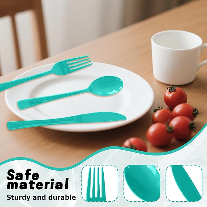 150 Pack Disposable Plastic Silverware, Heavy Duty Light Green Plastic Cutlery Set Includes 50 Forks 50 Knives 50 Spoons for Birthday Wedding Party Picnics (150, Light Green)