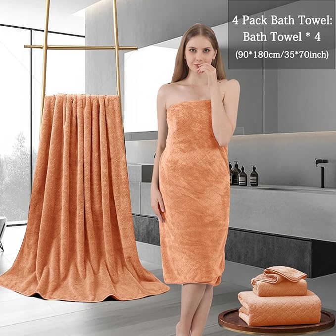 4 Piece Extra Large Bath Towels Set 35x70 Inches - Luxury 600 GSM Oversized Bath Sheet Towel,Ultra Soft Microfiber - Quick Dry,Highly Absorbent Shower Towels Spa Hotel Bathroom Towel Set (Orange)