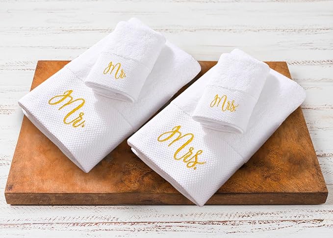 RUBBER BOND Mr and Mrs Towels Set with Gift Box - 4 Pack Bath & Hand Towels for Couples - Cotton Towels Set - Wedding, Honeymoon Gifts - White Bathroom Towel Set with Gold Embroidery