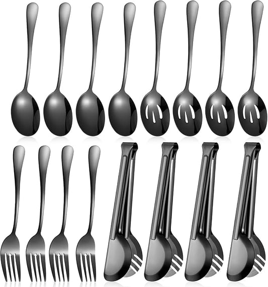 Patelai 15 Pieces Christmas Stainless Steel Black Serving Utensils Set 8.7" Large Spoons and Slotted Spoon 9.45" Tong 9" Forks Flatware Wedding Party Buffet Banquet Cooking Kitchen Catering