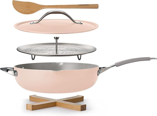 Tramontina All-in-One Plus Pan Set, 5-Quart Ceramic Non Stick Cooking Pan with Lid, Steamer Insert, Bamboo Utensil and Trivet, Pink