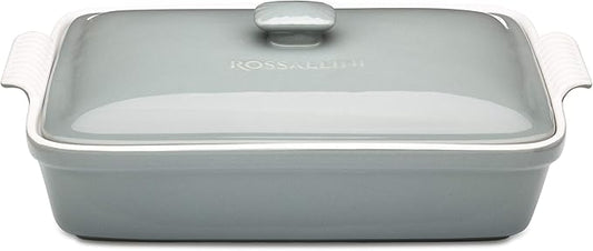 Stoneware Casserole Dish Bakeware Set with Lid, Covered Rectangular Dinnerware, Extra Large 4.23 Quart, 13 by 9 Inch, Grigio [Grey]