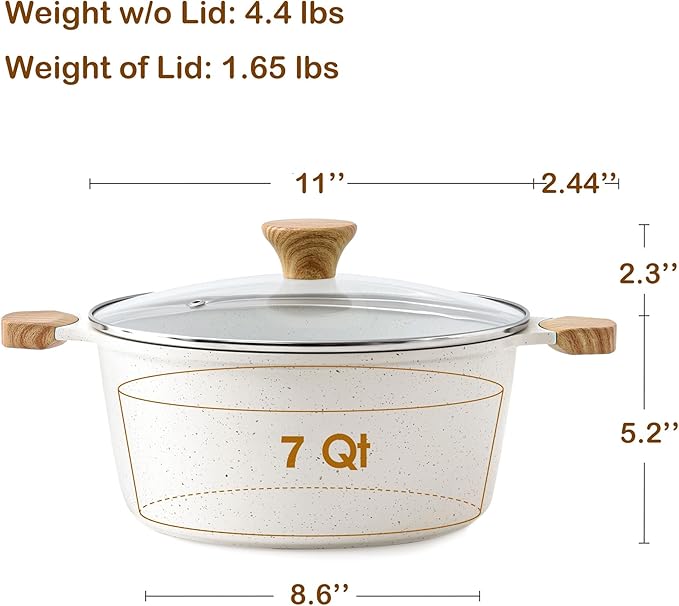 SENSARTE Ceramic Nonstick Stock Pot with Lid, 7 Qt Induction Cooking Pot with Tempered Glass Lid, Stew Pot for Soup and Oatmeal, Pasta Casserole, Free of PFAS & PTFE, White