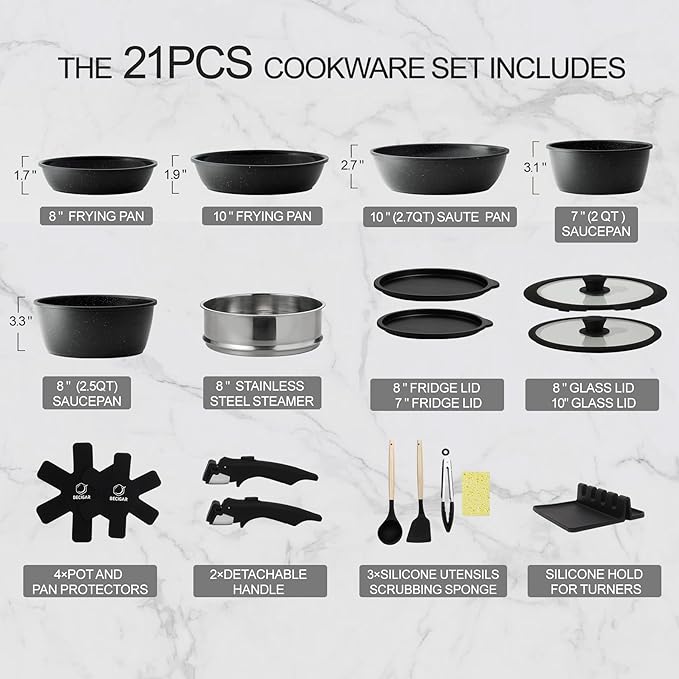 21PCS ceramic cookware set,Nonstick ceramic pan, Removable Handle pots and pans set, Stackable Pan Set, Ceramic Nonstick Pan Pots and Pans Set Non Stick(Black)