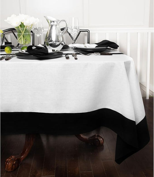 Solino Home Linen Tablecloth 60 x 90 Inch - 100% Pure Linen Black and White Tablecloth for Rectangle Tables - Contempo, Machine Washable Table Cloth for Winter, Holiday