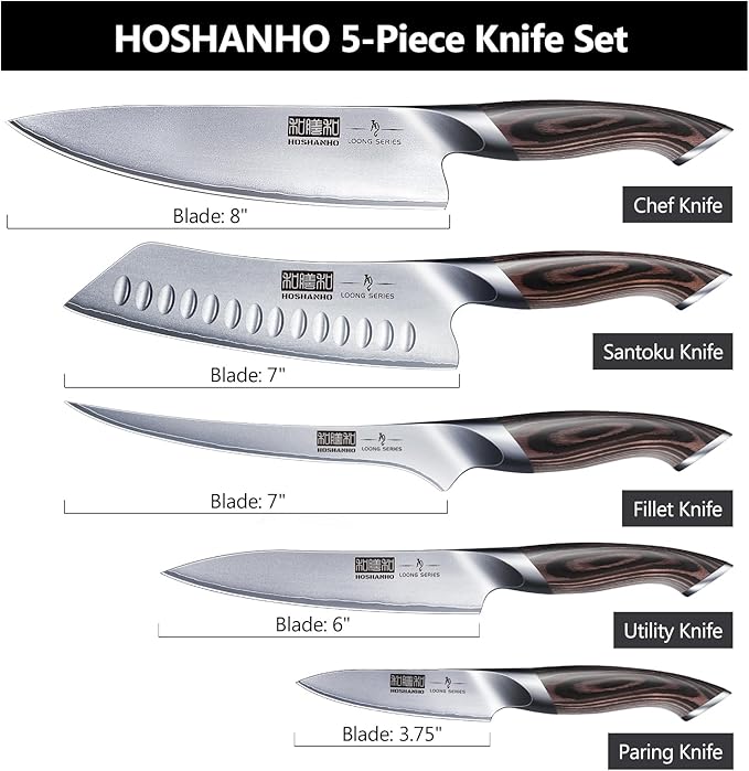 HOSHANHO 5 Pieces Knife Set, Japanese High Carbon Stainless Steel Kitchen Knife Sets, Professional Ultra Sharp Chef Knives Set with Ergonomic Pakkawood Handle