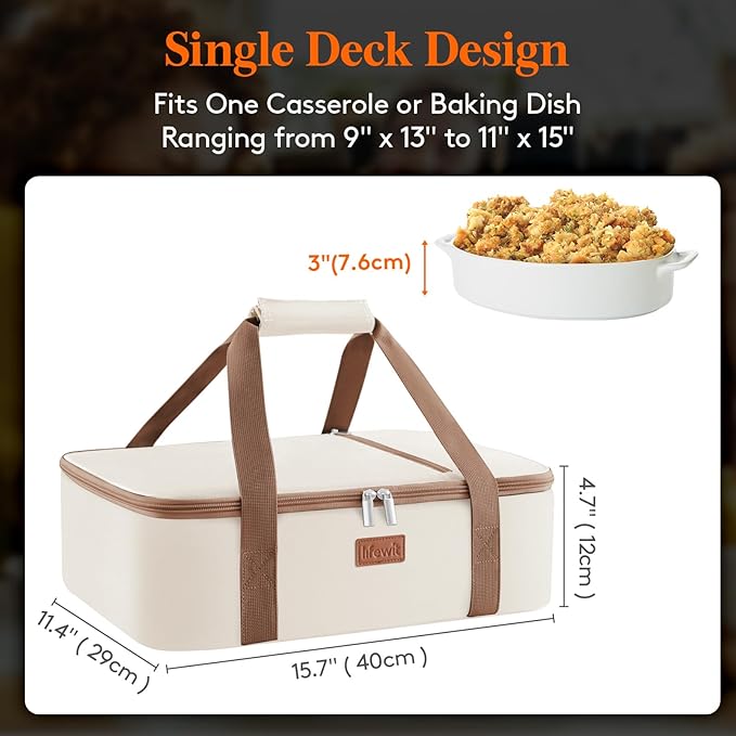Lifewit Insulated Casserole Carrier for Hot or Cold Food, Casserole Dish with Lid and Carrying Case, Lasagna Holder for Potluck Parties/Picnic/Cookouts, Fits 9"x13" Baking Dish, Beige