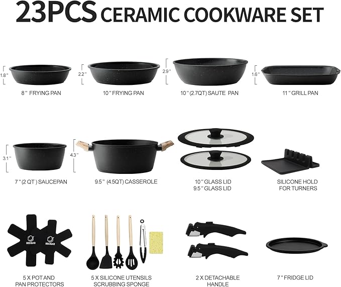 23PCS Ceramic Nonstick Cookware Set, Nonstick Detachable Handle Ceramic Cookware, Induction Kitchen Cooking Set with Removable Handle,include Frying Pans & Saucepans Oven Safe(Black)