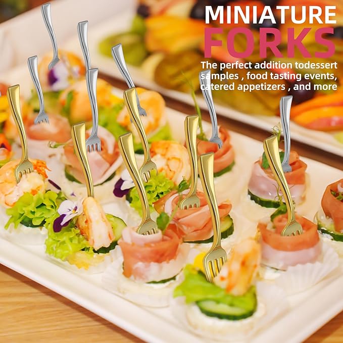 100 PCS Gold and Silver Mini Forks Heavy Duty, 4 inch Gold and Silver Plastic Fork, Mini Forks for Appetizers, Dessert Fork Disposable, BPA Free, Food Safe, Suitable for All Occasions