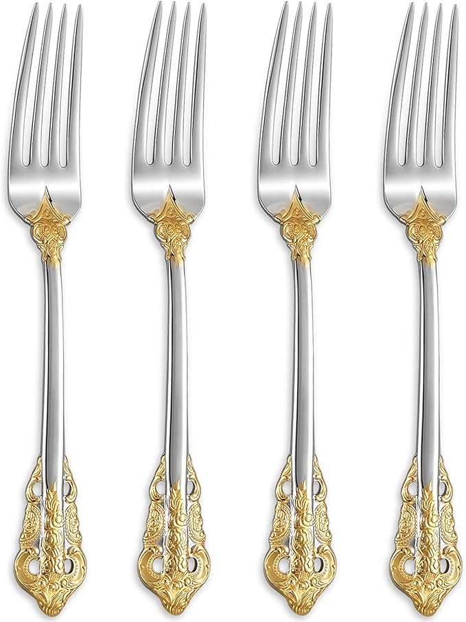 KEAWELL Luxury Dinner Fork, Set of 4, 18/10 Stainless Steel, 8 Inches, Dishwasher Safe, Mirror Polished, Silverware Fork Set (Gold Accent)