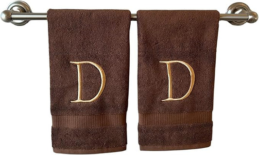 Brown Initial Hand Towel for Bathroom - Monogrammed Luxury Hotel Quality Decorative Embroidered Towel for Powder Room, Spa - GOTS Organic Certified - Set of 2 Beige Letter D