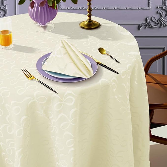 Cream Round Tablecloth 70 Inch (4-6 Seat) - Cotton Polyester, Wrinkle/Fade Resistant, Reusable - Luxury Jacquard Table Cloth - 1PC Circle Table Cover for Dining, Wedding & Birthday Party, Cream Bows