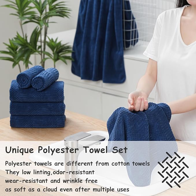 18 Pcs Navy Woven Family Towels Set-6 Bath Sheets,6 Hand Towels,6 Washcloths Soft Microfiber Towels Absorbent Shower Towel Quick Dry Beach Chair Towel Lint Less Towels Set for Bathroom Spa Gym Hotel