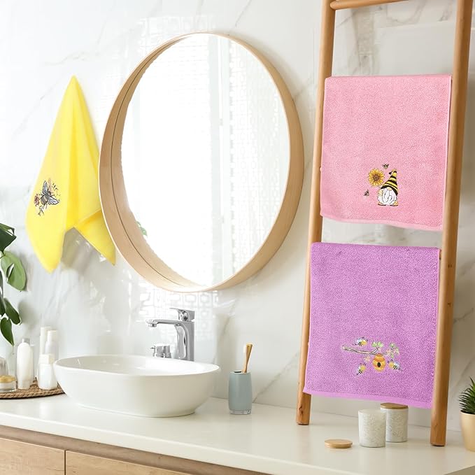 3 Pcs Bee Hand Towels for Bathroom 14 x 29 Inch Cotton Purple Pink Yellow Hand Towels for Bathroom Bee Bath Towel Bees Kitchen Towel Set Drying Cleaning Cooking Gift for Spring Summer
