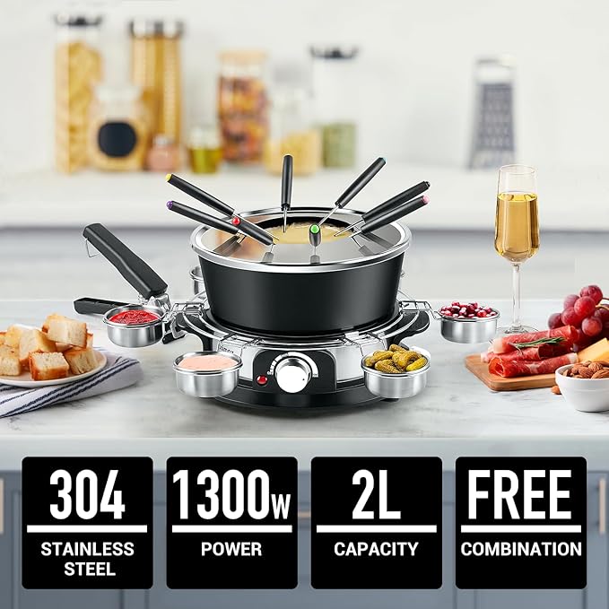 CUSIMAX Electric Fondue Set with 1300W Power Temperature Control for Cheese,Chocolate,Oil and Broth, 2L Non-Stick Electric Fondue Pot with 8 pcs Forks,6 pcs Cups and Removable Anti-Scald Handle