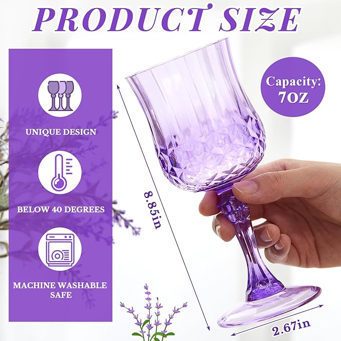 Pinkunn 50 Pcs 7 oz Plastic Vintage Wine Glasses Reusable Colored Goblets Patterned Drinking Water Glasses Cup Dishwasher Safe for Christmas Wedding Reception Party Supplies (Purple)