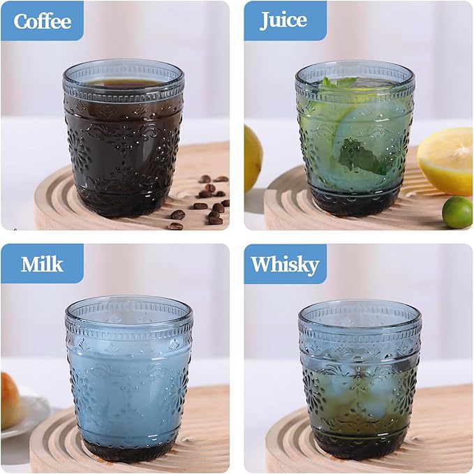 Blue Glassware set of 6, 10OZ Drinking Glasses, Blue Heavy Duty Glass Cups, Old Fashioned Glass, Embossed Glasses Set for Party Wedding Home Office Glassesware Gift