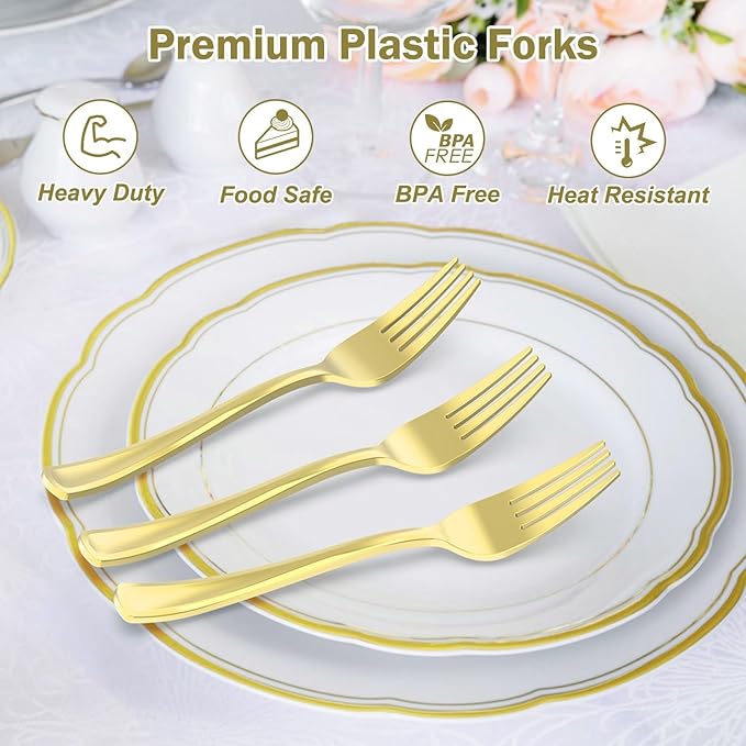 100 Count Heavy Duty Gold Plastic Forks Disposable, BPA-Free, Heat Resistant, Solid and Durable Premium Plastic Disposable Forks for Party Supply