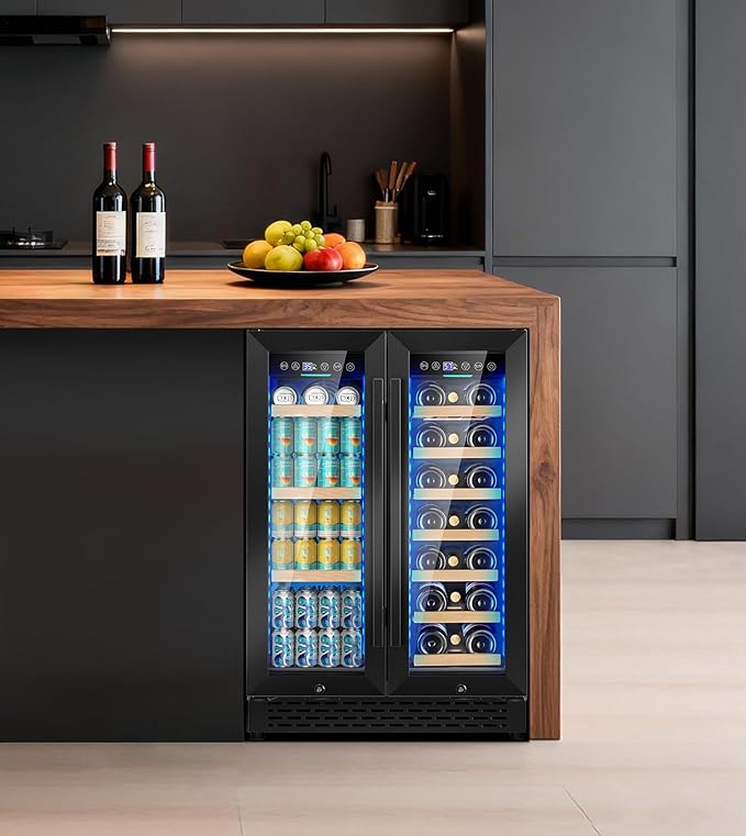 24 Inch Wine and Beverage Refrigerator，90 Can & 21 Bottle Dual Zone Wine Fridge Cooler, Built-In or Under Counter Fridge with 3 LED, Fast Cooling & Low Noise for Home/Kitchen