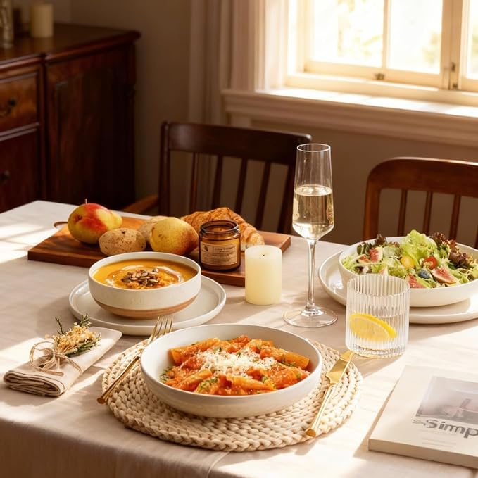 AmorArc Ceramic Dinnerware Sets with Pasta Bowls for 4, Handpainted Plates and Bowls Set with Rustic Terracotta Underside, Scratch Resistant Dishes Set, Dishwasher & Microwave Safe, 16 Pcs