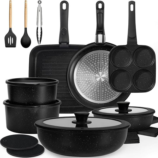 KIKCOIN 24 Pack Pots and Pans Set Non Stick, Detachable Handle Cookware Set, Induction RV Kitchen Cooking Set with Removable Handle, Frying Pans, Egg Pan - Dishwasher/Oven Safe, PFOA Free