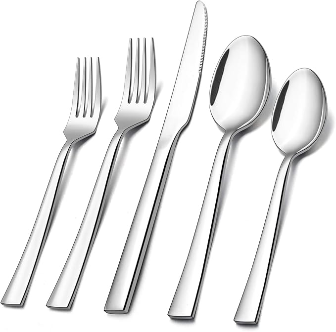 E-far 60-Piece Silverware Set, Stainless Steel Flatware Set Service for 12, Tableware Cutlery Set for Home Restaurant Party, Dinner Forks/Spoons/Knives, Square Edge & Mirror Polished, Dishwasher Safe