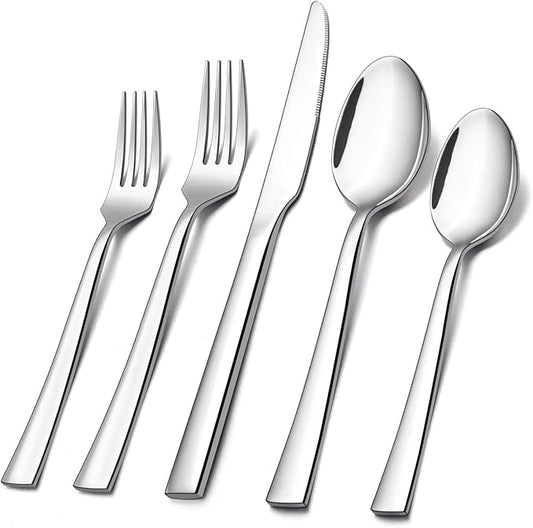 E-far 60-Piece Silverware Set, Stainless Steel Flatware Set Service for 12, Tableware Cutlery Set for Home Restaurant Party, Dinner Forks/Spoons/Knives, Square Edge & Mirror Polished, Dishwasher Safe