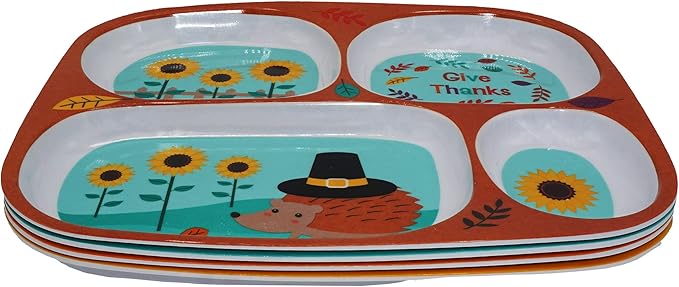 4E's Novelty Set of 4 Fall Thanksgiving Melamine Dinnerware Sets for Kids – Autumn Sectioned Toddler Plates With Dividers, BPA-Free Reusable Dishwasher Safe