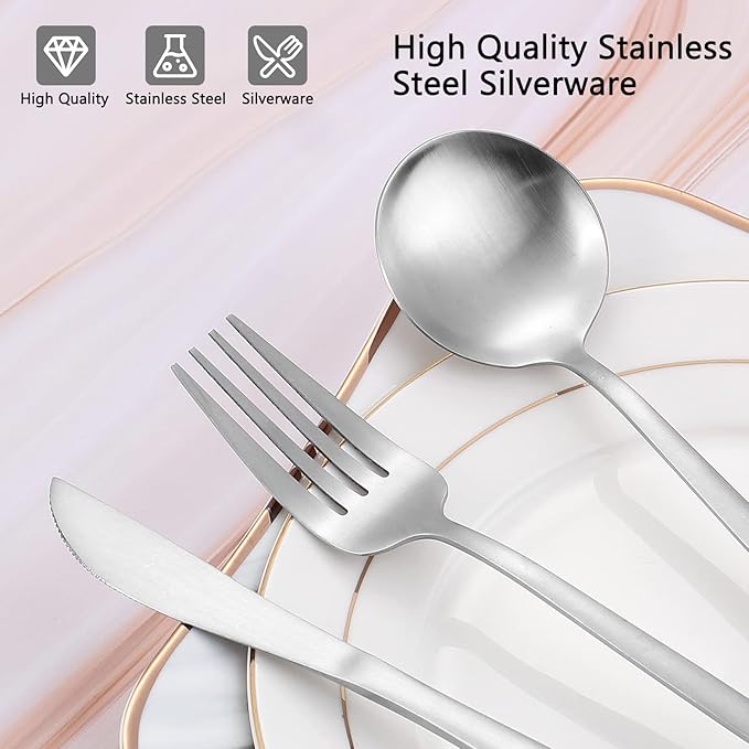Matte Silverware Set, VANVRO 60-Piece Stainless Steel Flatware Set, Satin Finish tableware Cutlery Set, Service for 12, Home and Restaurant, Dishwasher Safe