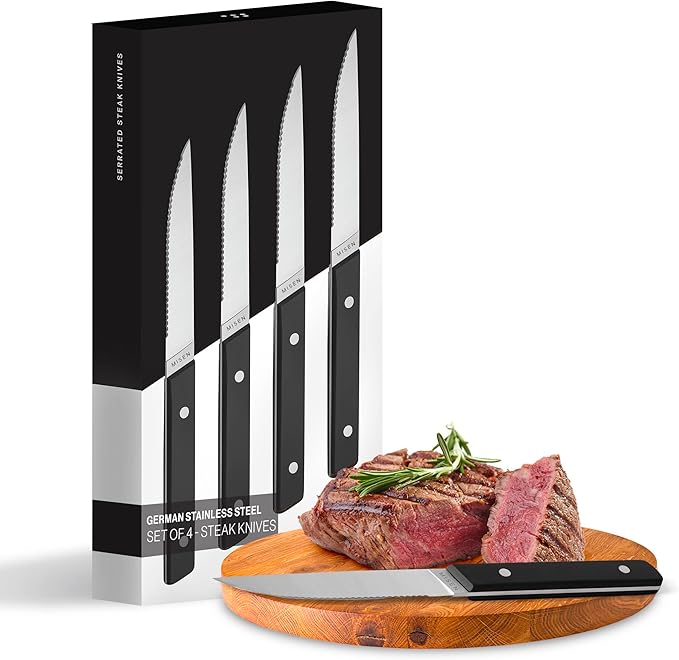 Misen Steak Knives Set of 4 - Precision Serrated Blades for Effortless Dining - Stainless Steel - Superior Cuts with Four Steak Knives Handles - Black