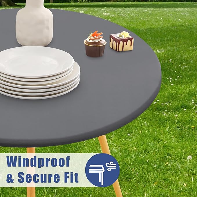Round Spandex Tablecloth, Elastic Fitted Waterproof Tablecloths for 25"-30" Tables, Stretch Washable Picnic Table Cover for Camping, Dining, Indoor and Outdoor, Grey