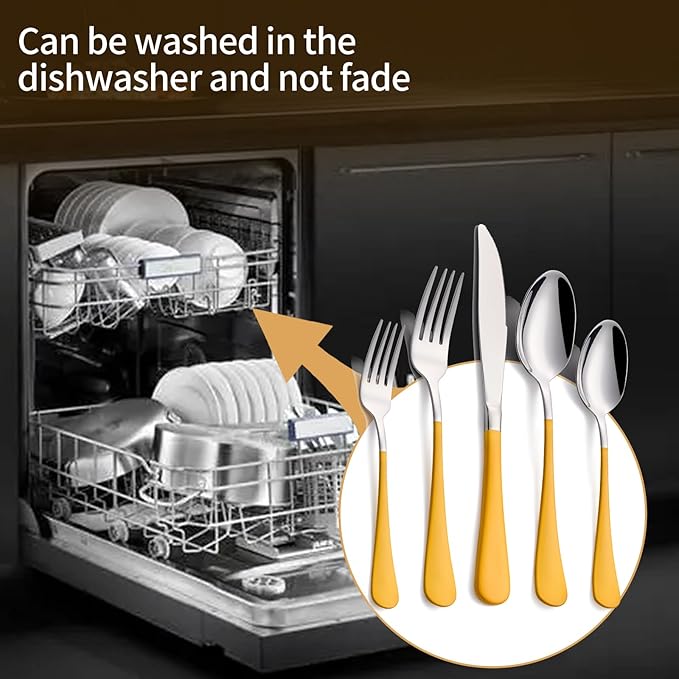 20-Piece Yellow Silverware Set 18/0 Stainless Steel Silverware Set Yellow Handle Cutlery Set Service for 4 Dinner Knives Forks Spoons Set Flatware Set Finish Dishwasher Safe