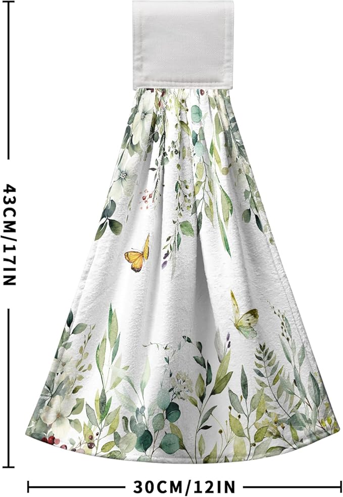 Eucalyptus Leaves Green Hanging Kitchen Towels Flowers Butterfly Hand Towels with Hanging Loop Sage Leaf Summer Dish Towel Washcloth Soft Tie Towel for Bath Kitchen