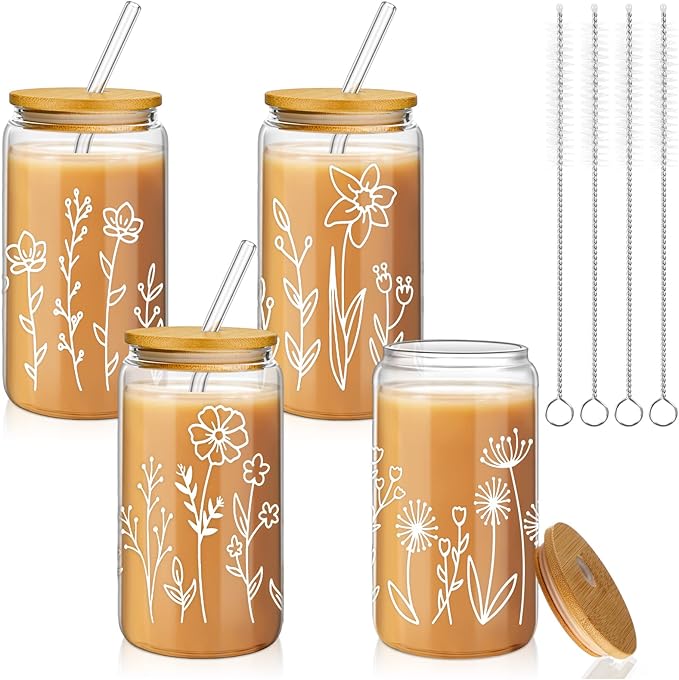 Mumufy Gift for Women Cute Glass Cup Tumbler Flower Iced Coffee Mugs 16 oz Glass with Bamboo Lid & Straw, Mothers Day Birthday Gift for Mom Sister Bridesmaid Baby Shower(4 Pack,Boho Floral)