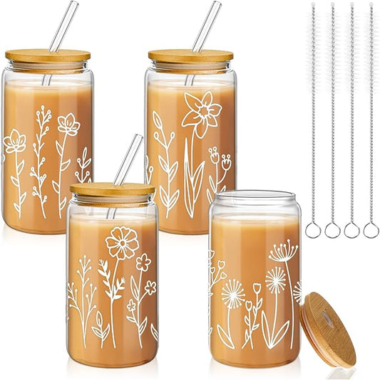 Mumufy Gift for Women Cute Glass Cup Tumbler Flower Iced Coffee Mugs 16 oz Glass with Bamboo Lid & Straw, Mothers Day Birthday Gift for Mom Sister Bridesmaid Baby Shower(4 Pack,Boho Floral)