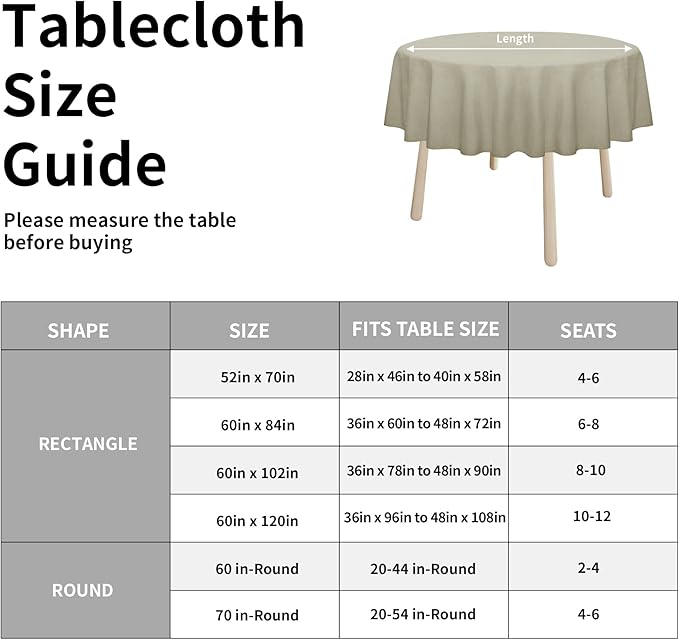 Easy-Going Faux Linen Waterproof Spill-Proof Tablecloth Stain Resistant Round Table Cloth Wrinkle Free Decorative Fabric for Kitchen, Dining, Party, Weddings, Restaurants (70 in-Round, Linen)