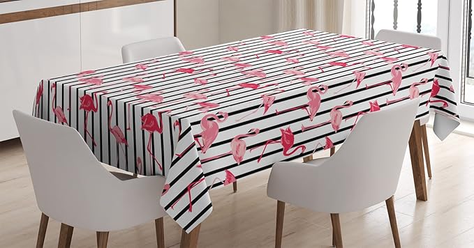 Ambesonne Flamingo Tablecloth, Flamingo Birds Pattern on Vertical Striped Background Tropical Garden Wild Nature, Dining Room Kitchen Rectangular Table Cover, 60" X 84", Black Pink