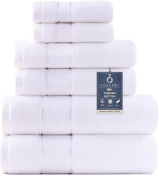 COZYART White Bath Towels Set 6 Piece, Luxury 100% Turkish Cotton 650GSM Hotel Quality, Soft, Absorbent,Towel Sets for Bathroom | 2 Bath Towels 2 Hand Towels 2 Washcloths