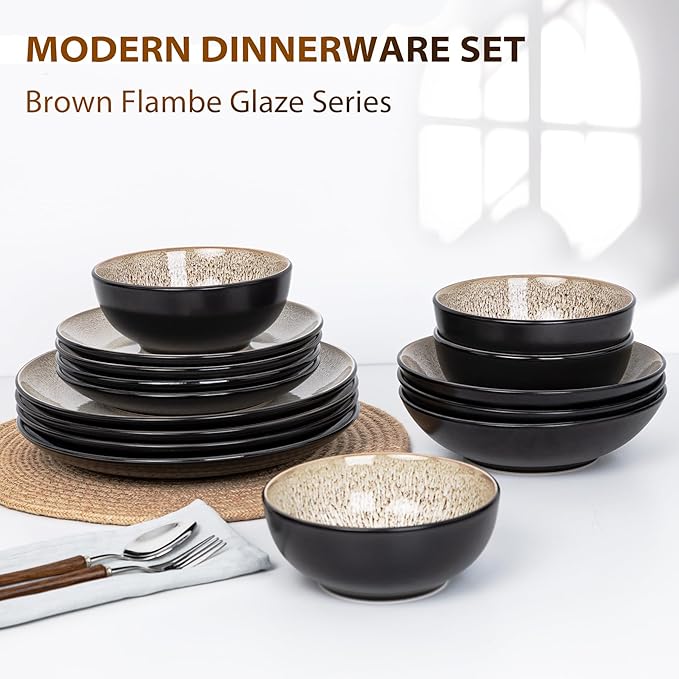 Plates and Bowls Sets for 6 - CJDC-QUELO 18-Piece Stoneware Dinnerware Sets, Ceramic Dishware Set for Indoor Kitchen Use and Formal Dining, Chip and Scratch Resistant Microwave Dishwasher Safe, Brown
