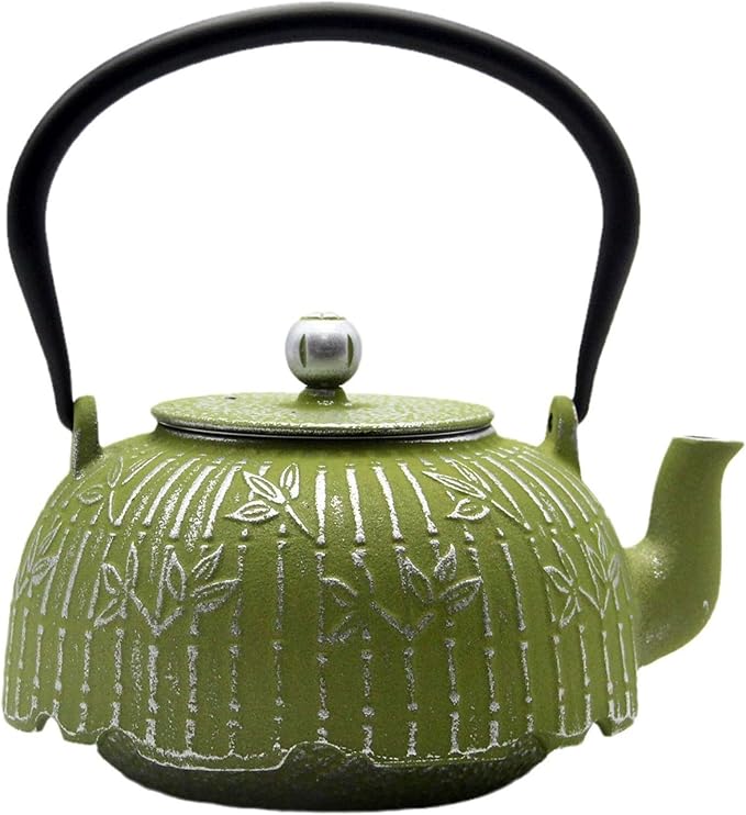 Tea Kettle, Japanese Cast Iron Teapot with Stainless Steel Infuser, Cast Iron Tea Kettle, Durable Teapot Coated with Enameled Interior (40.6oz Sage Green Bamboo Leaf Pattern)