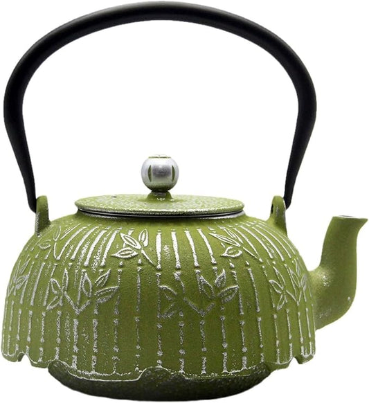 Tea Kettle, Japanese Cast Iron Teapot with Stainless Steel Infuser, Cast Iron Tea Kettle, Durable Teapot Coated with Enameled Interior (40.6oz Sage Green Bamboo Leaf Pattern)
