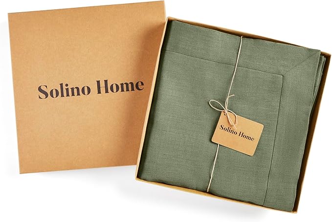 Solino Home Linen Tablecloth 60 x 90 Inch - 100% Pure Linen Oil Green Table Cloth for Rectangle Tables - Fete, Machine Washable Tablecloth for New Year