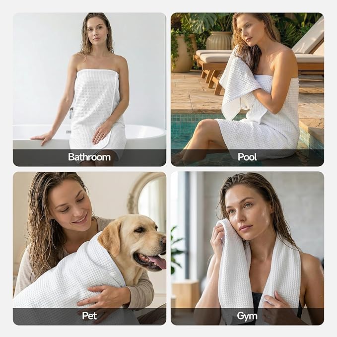 REDKISS 8 Pack Microfiber Waffle Bath Towels - Ivory Waffle Towels for Bathroom, Extra Large, Highly Absorbent, Quick Dry Bath Towel Set, Lint Free Bathroom Towel for Gym, Shower, Hotel and Spa