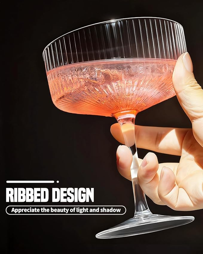 4 Pcs Coupe Glasses, Hand Blown 10 oz Cocktail Glasses, Ribbed Martini Glasses, Gift Boxed Drinking Glasses Set Pefect for Espresso Martini, Manhattan, Cocktail, Wine, Champagne